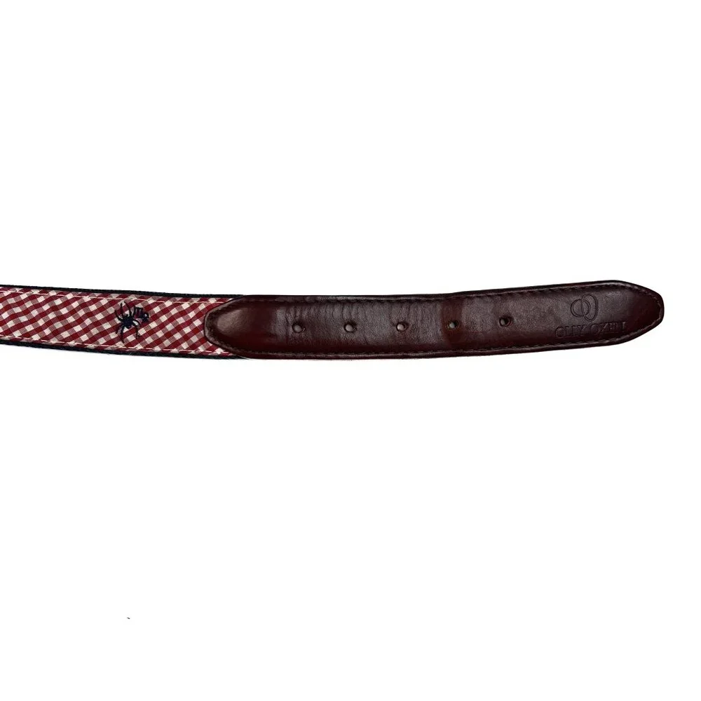 Olly Oxen Red Gingham Leather Belt‎ Solid Brass Buckle, Pima Cotton Size 34/85